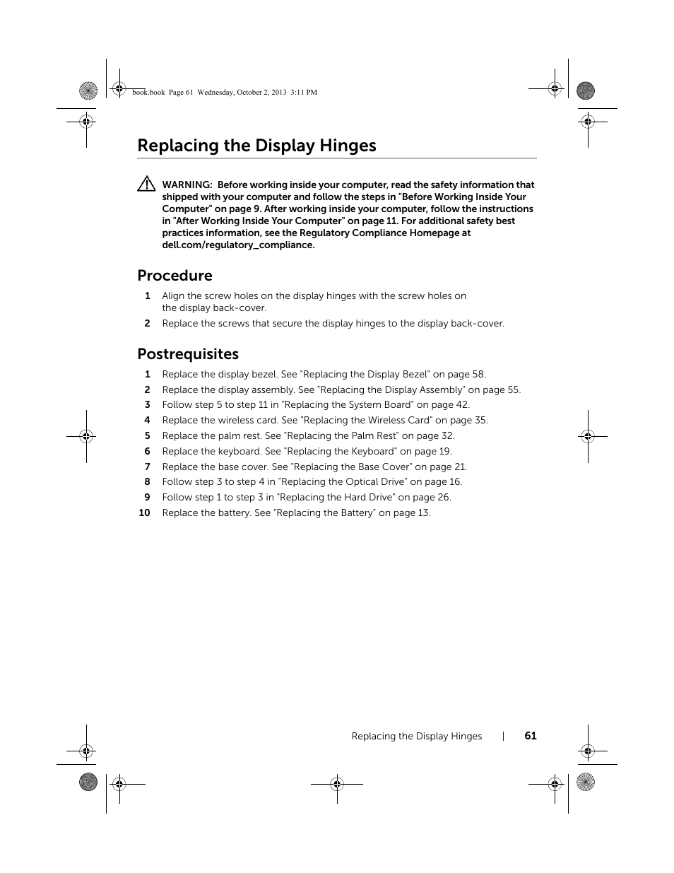 Replacing the display hinges, Procedure, Postrequisites | Dell Inspiron M731R (5735, Late 2013) User Manual | Page 61 / 71