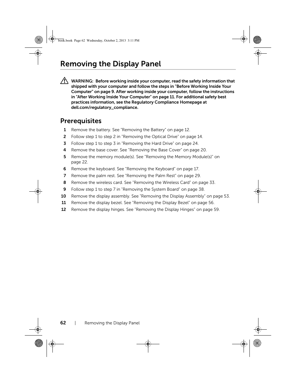 Removing the display panel, Prerequisites | Dell Inspiron M731R (5735, Late 2013) User Manual | Page 62 / 71