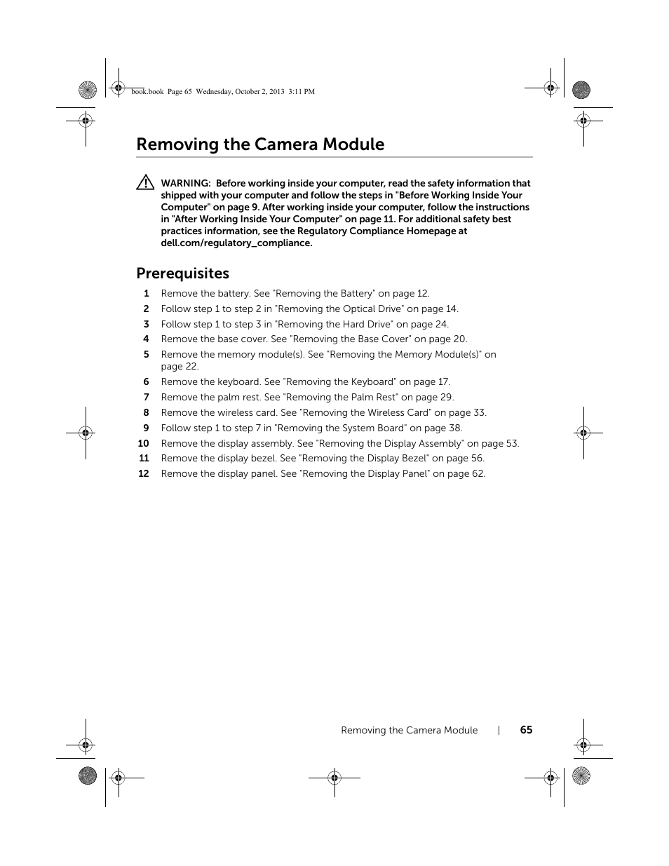 Removing the camera module, Prerequisites | Dell Inspiron M731R (5735, Late 2013) User Manual | Page 65 / 71