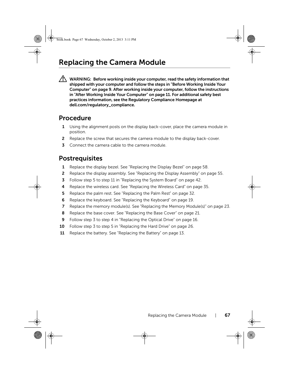 Replacing the camera module, Procedure, Postrequisites | Dell Inspiron M731R (5735, Late 2013) User Manual | Page 67 / 71