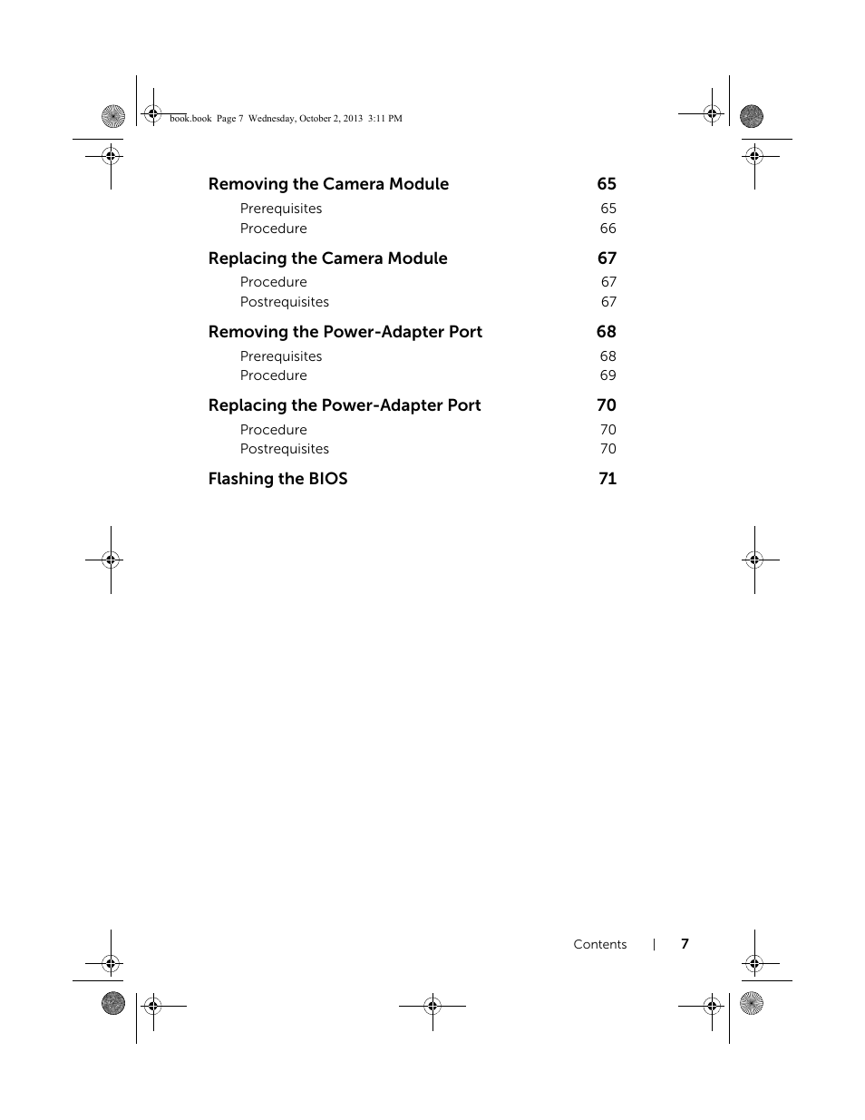 Removing the camera module, Replacing the camera module, Removing the power-adapter port | Replacing the power-adapter port, Flashing the bios | Dell Inspiron M731R (5735, Late 2013) User Manual | Page 7 / 71