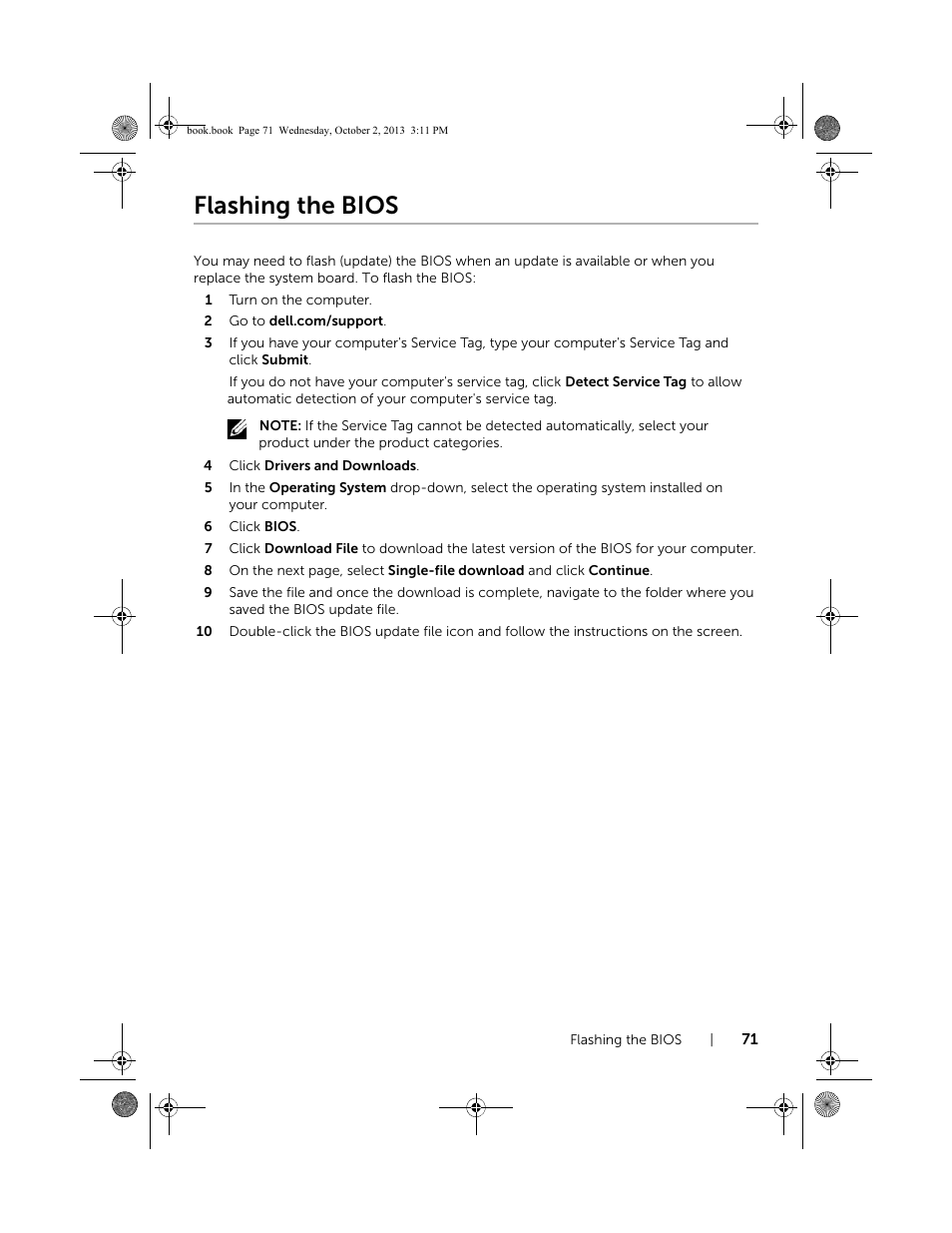 Flashing the bios | Dell Inspiron M731R (5735, Late 2013) User Manual | Page 71 / 71