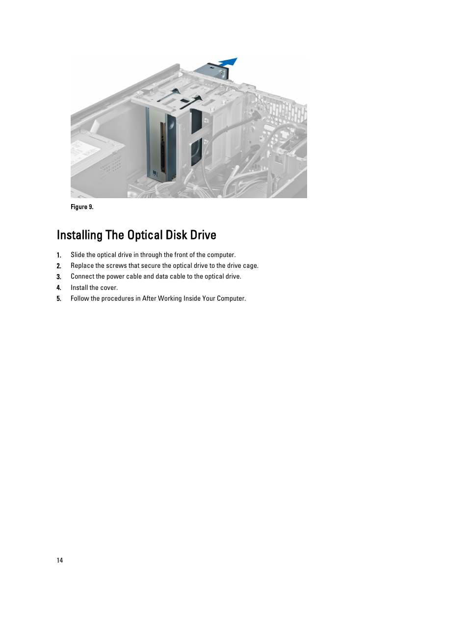 Installing the optical disk drive | Dell Vostro 470 (Mid 2012) User Manual | Page 14 / 63