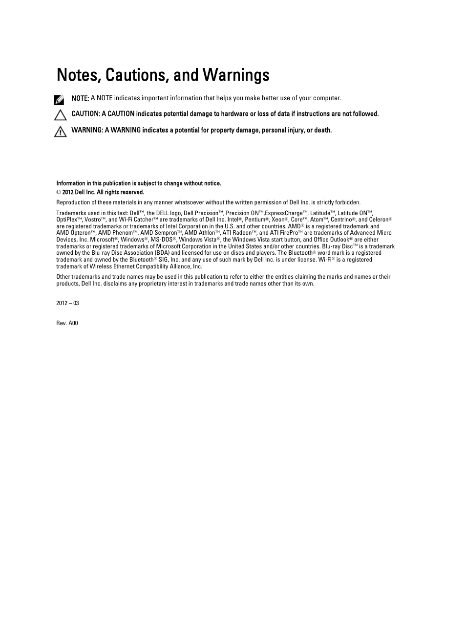 Notes, cautions, and warnings, Working on your computer | Dell Vostro 470 (Mid 2012) User Manual | Page 2 / 63