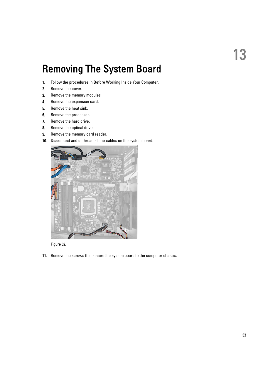 Removing the system board, 13 removing the system board | Dell Vostro 470 (Mid 2012) User Manual | Page 33 / 63