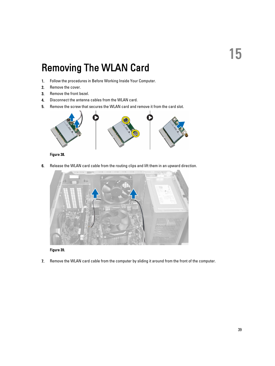 Removing the wlan card, 15 removing the wlan card | Dell Vostro 470 (Mid 2012) User Manual | Page 39 / 63