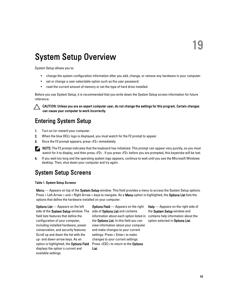 System setup overview, Entering system setup, System setup screens | 19 system setup overview | Dell Vostro 470 (Mid 2012) User Manual | Page 49 / 63