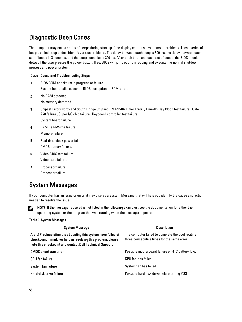 Diagnostic beep codes, System messages | Dell Vostro 470 (Mid 2012) User Manual | Page 56 / 63