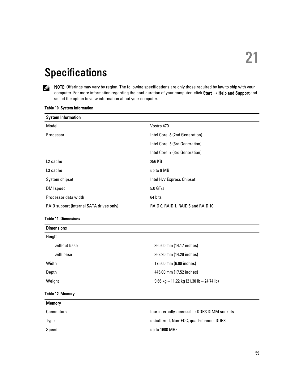 Specifications, 21 specifications | Dell Vostro 470 (Mid 2012) User Manual | Page 59 / 63