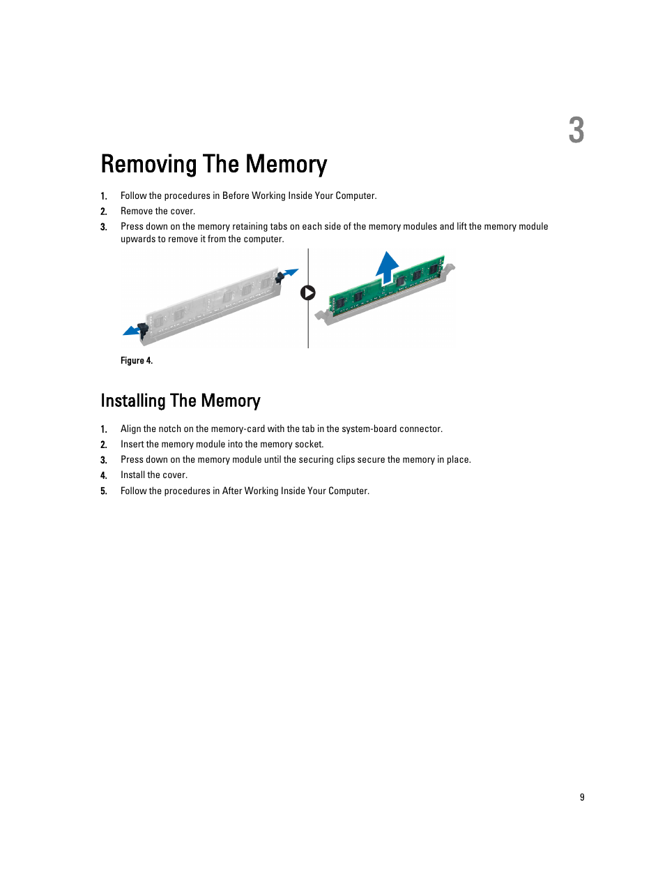 Removing the memory, Installing the memory, 3 removing the memory | Dell Vostro 470 (Mid 2012) User Manual | Page 9 / 63