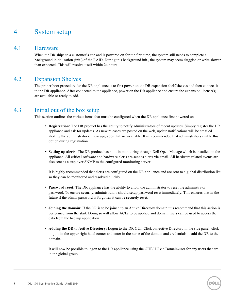 4system setup, 1 hardware, 2 expansion shelves | 3 initial out of the box setup | Dell PowerVault DR4100 User Manual | Page 8 / 41