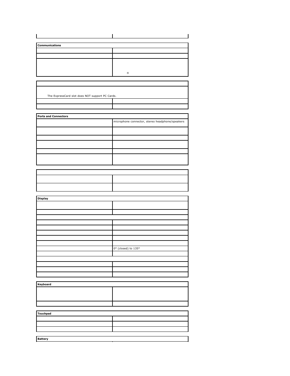 Communications, Ports and connectors, Expresscard | Drives, Keyboard, Battery, Display, Touchpad | Dell Vostro 3400 (Early 2010) User Manual | Page 73 / 83