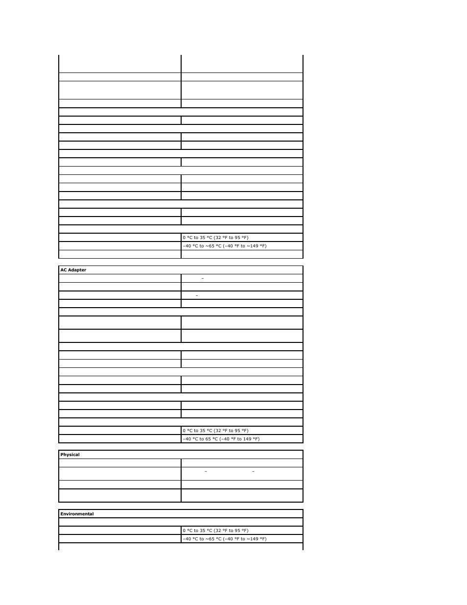 Ac adapter, Physical, Environmental | Dell Vostro 3400 (Early 2010) User Manual | Page 74 / 83