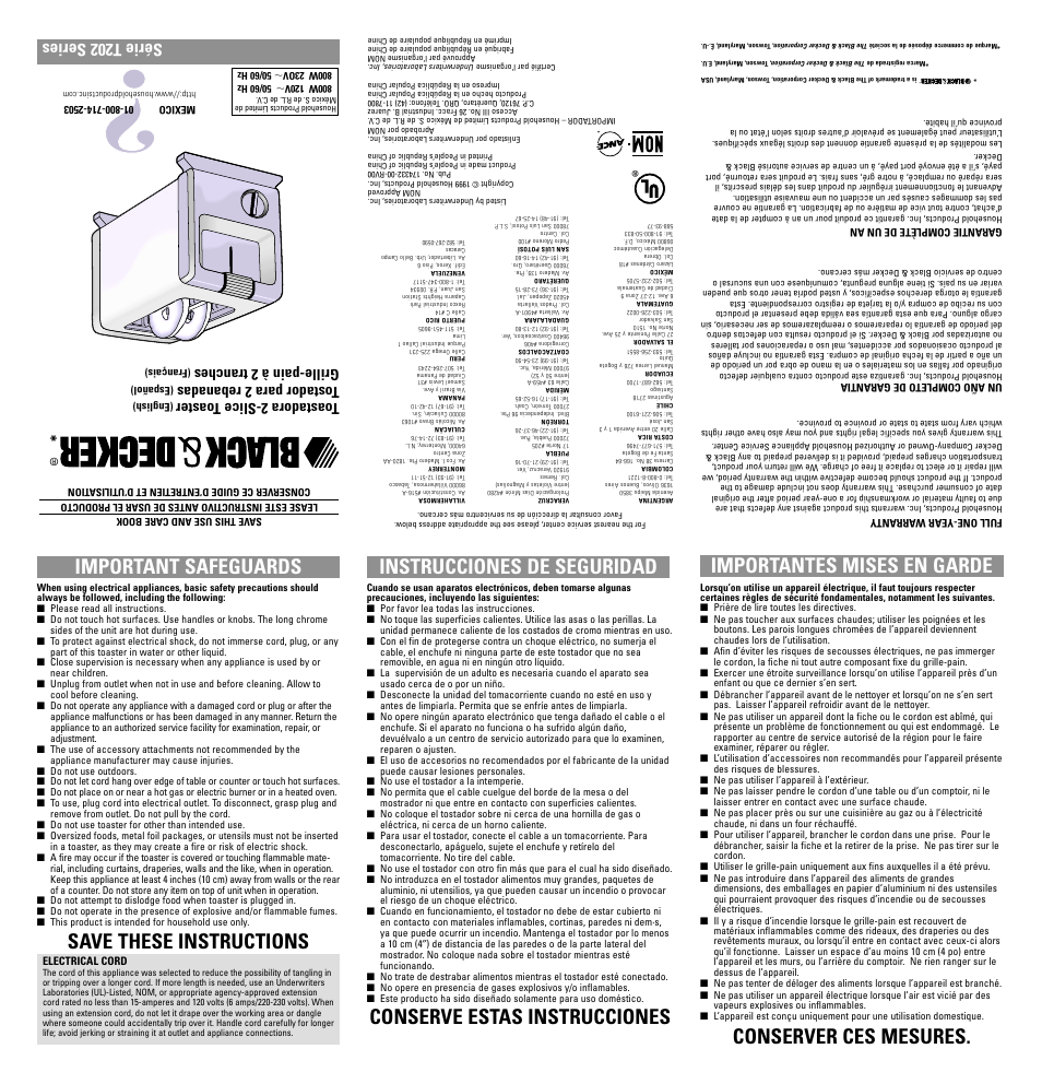 Safegaurds, Important safeguards, Save these instructions | Instrucciones de seguridad, Conserver ces mesures, Série t202 series, Toastadora 2-slice t oaster, Tostador para 2 rebanadas, Grille-pain à 2 tranches | Black & Decker T202 User Manual | Page 2 / 7
