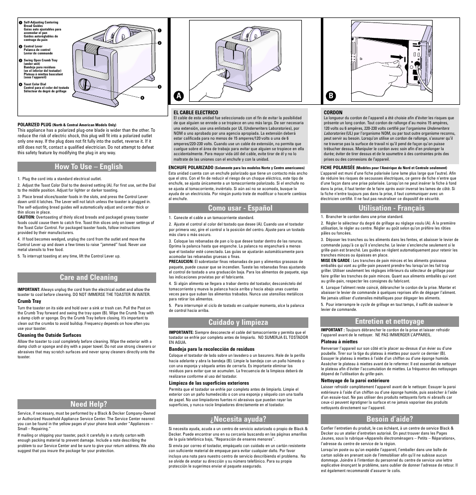 How to use, Care & cleaning, Como usar | Cuidado y limpieza, Utilisation, Entrien et nettoyage, How to use – english care and cleaning, Need help? como usar - español cuidado y limpieza, Besoin d’aide? b a | Black & Decker T202 User Manual | Page 7 / 7