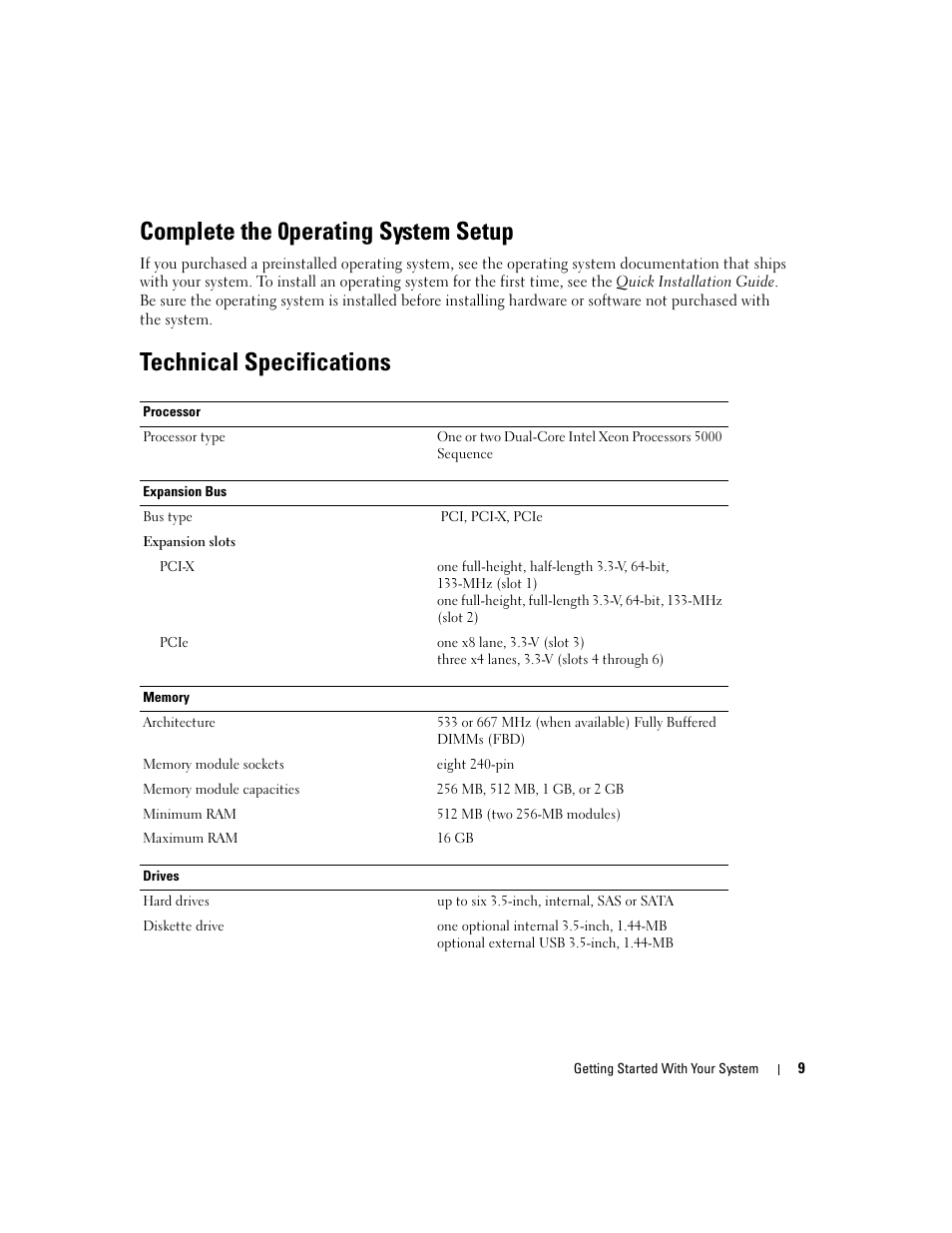 Complete the 0perating system setup, Technical specifications | Dell PowerEdge 1900 User Manual | Page 11 / 50