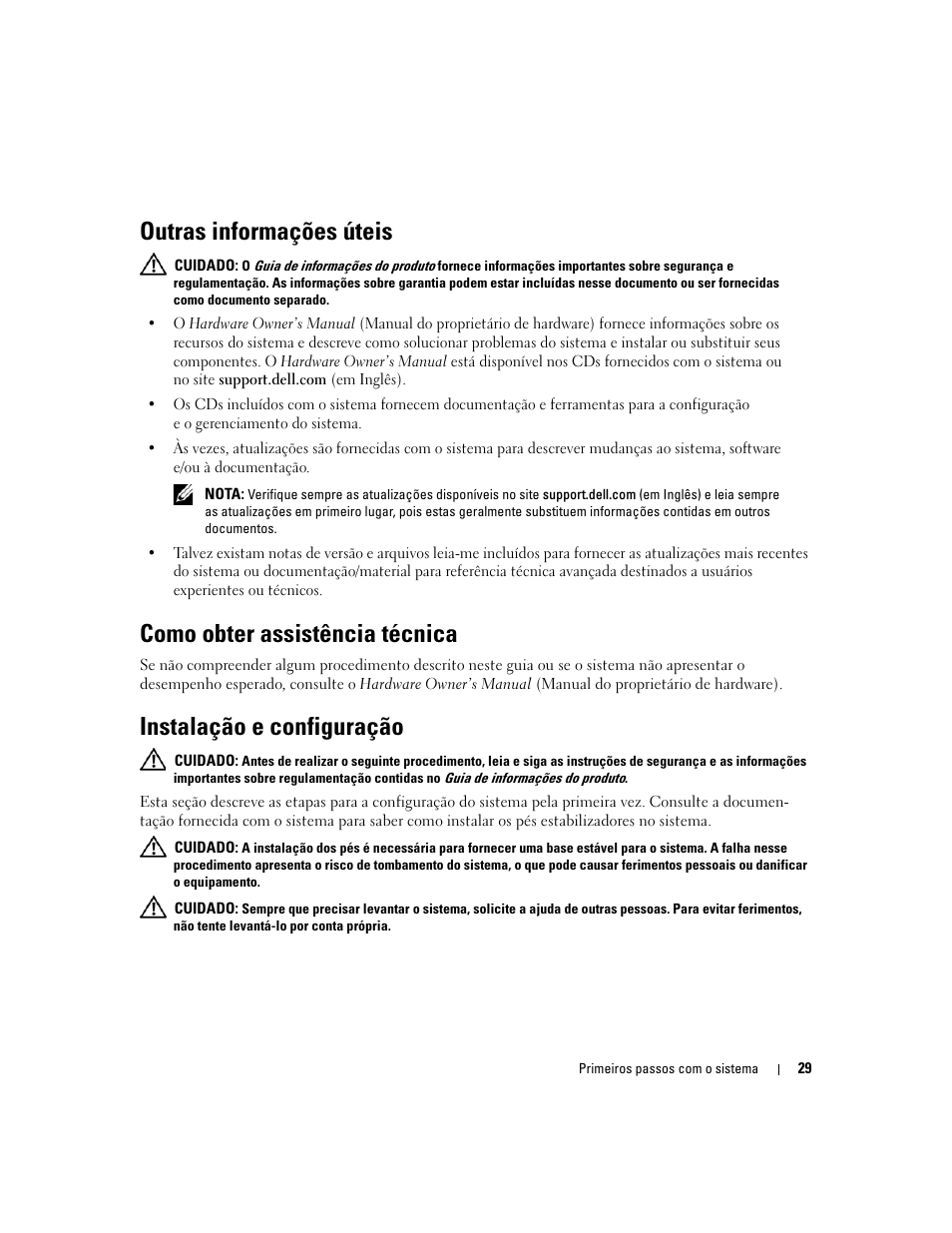 Outras informações úteis, Como obter assistência técnica, Instalação e configuração | Dell PowerEdge 1900 User Manual | Page 31 / 50