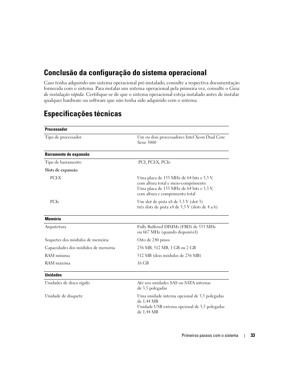 Conclusão da configuração do sistema operacional, Especificações técnicas | Dell PowerEdge 1900 User Manual | Page 35 / 50