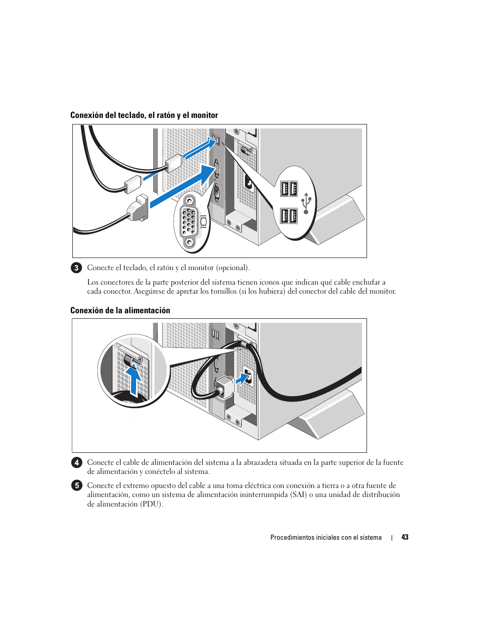 Conexión del teclado, el ratón y el monitor, Conexión de la alimentación | Dell PowerEdge 1900 User Manual | Page 45 / 50