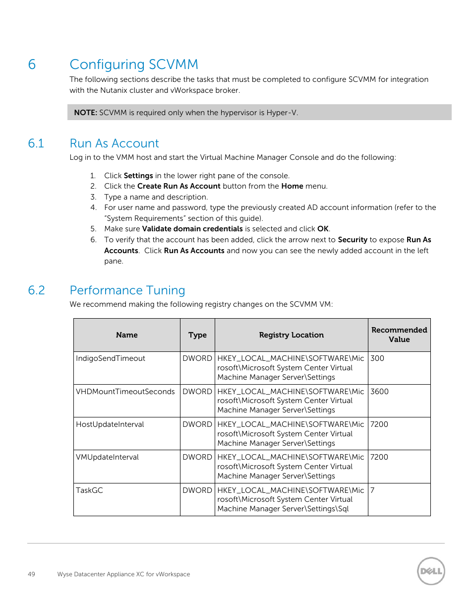 Configuring scvmm, Run as account, Performance tuning | 6configuring scvmm, 1 run as account, 2 performance tuning | Dell XC Web-Scale Converged Appliance User Manual | Page 49 / 81