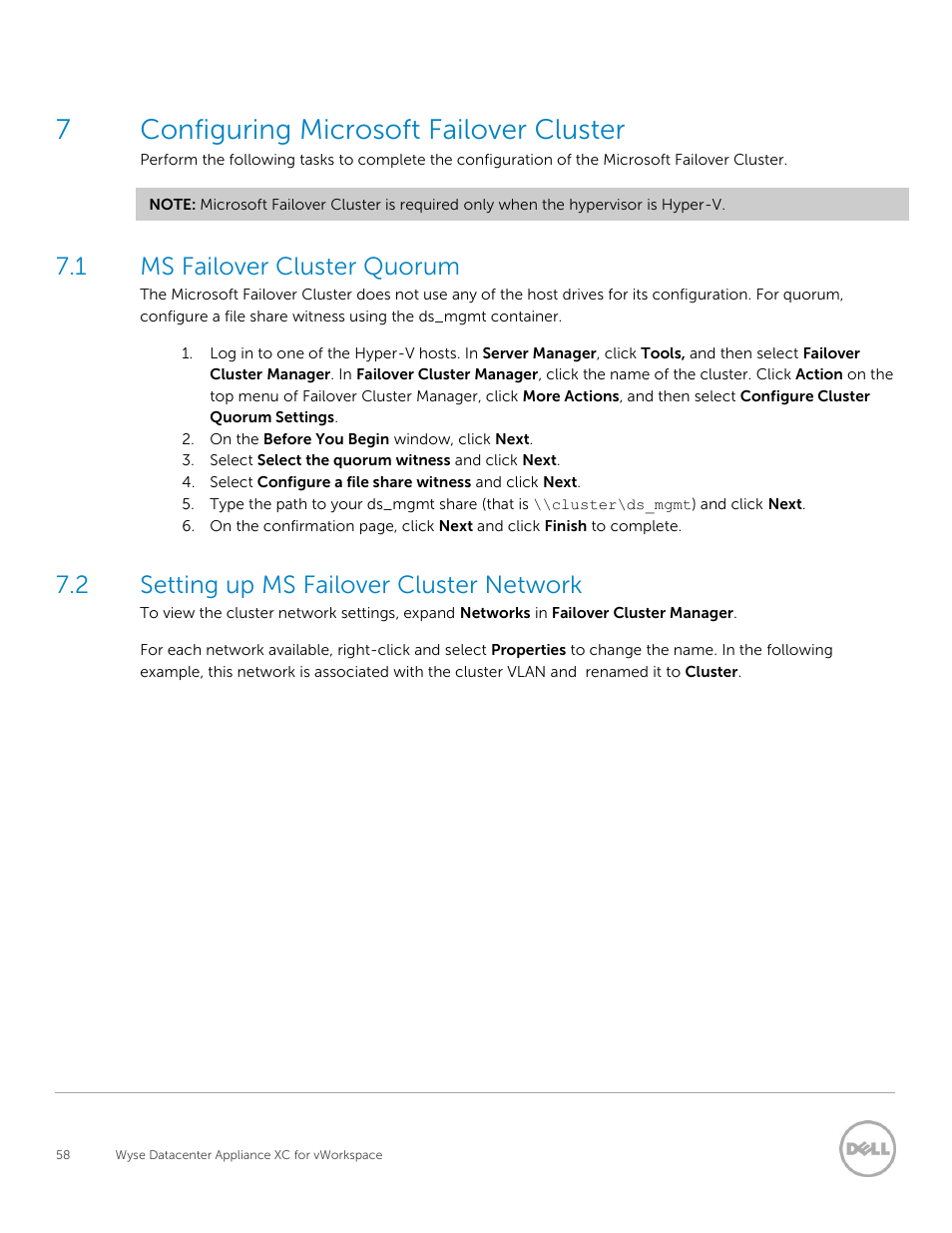 Configuring microsoft failover cluster, Ms failover cluster quorum, Setting up ms failover cluster network | 7configuring microsoft failover cluster, 1 ms failover cluster quorum, 2 setting up ms failover cluster network | Dell XC Web-Scale Converged Appliance User Manual | Page 58 / 81