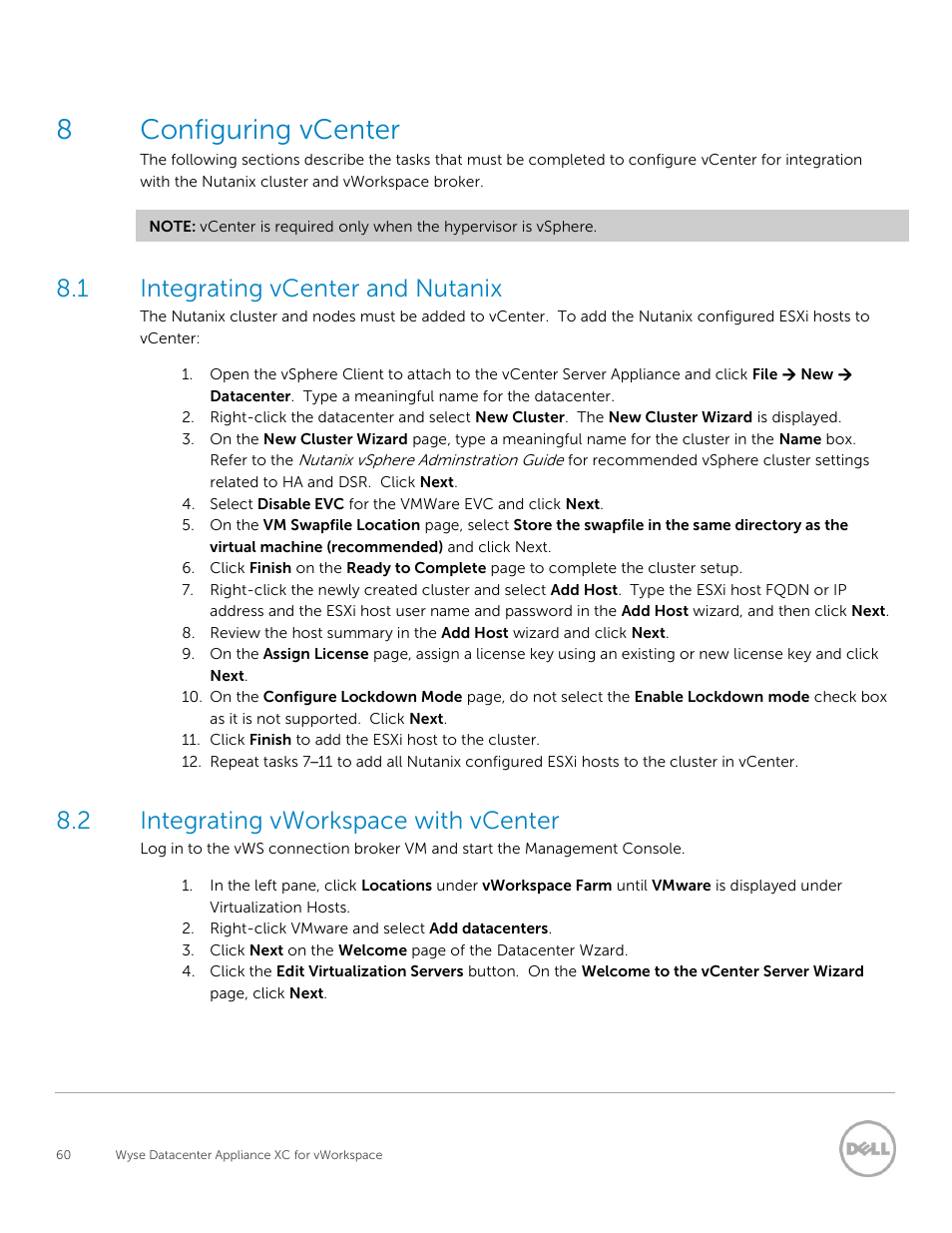 Configuring vcenter, Integrating vcenter and nutanix, Integrating vworkspace with vcenter | 8configuring vcenter, 1 integrating vcenter and nutanix, 2 integrating vworkspace with vcenter | Dell XC Web-Scale Converged Appliance User Manual | Page 60 / 81
