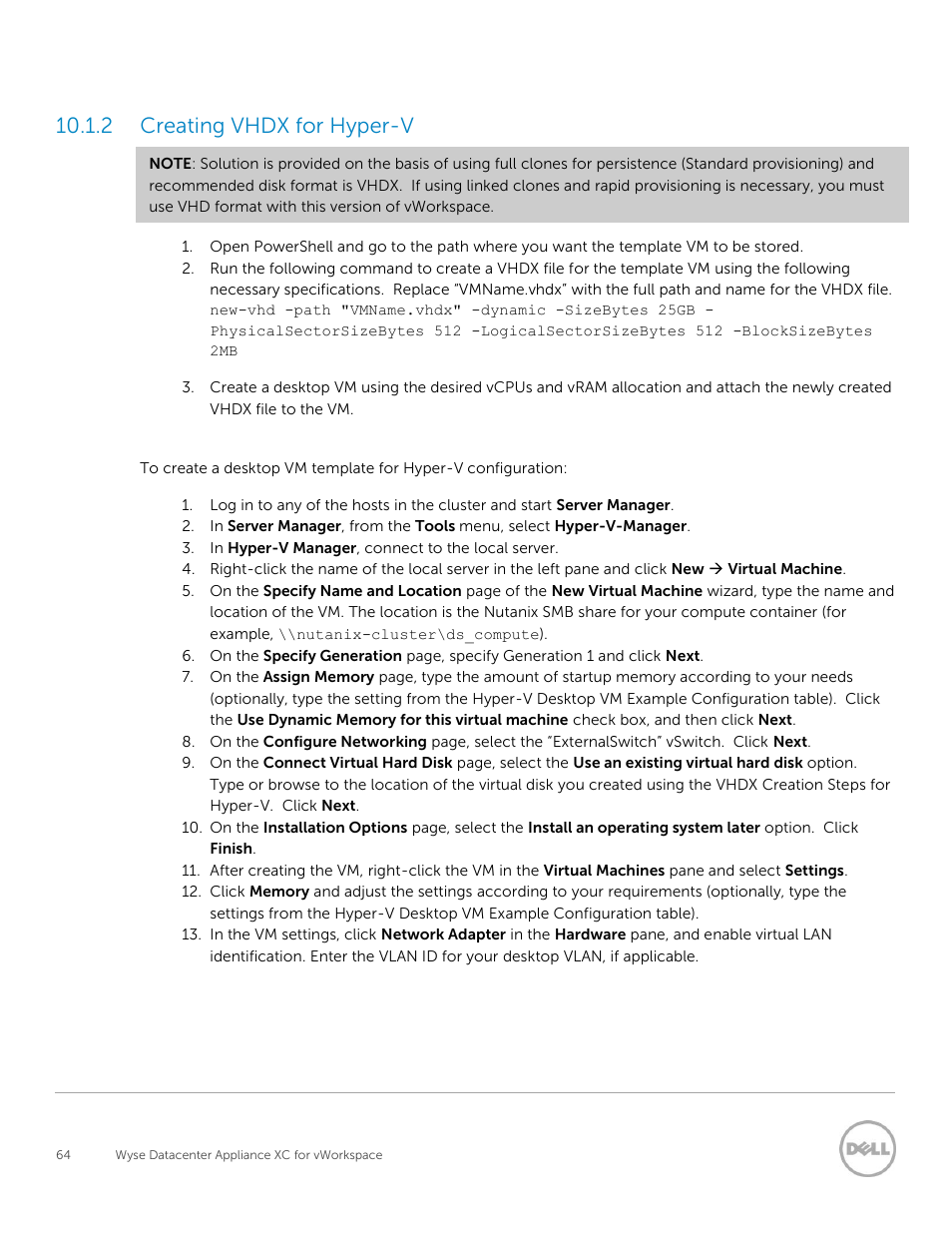 Creating vhdx for hyper-v, 2 creating vhdx for hyper-v | Dell XC Web-Scale Converged Appliance User Manual | Page 64 / 81