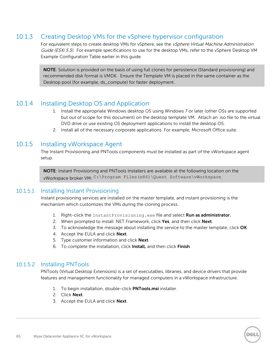 Installing desktop os and application, Installing vworkspace agent, 4 installing desktop os and application | 5 installing vworkspace agent, Installing instant provisioning, Installing pntools | Dell XC Web-Scale Converged Appliance User Manual | Page 65 / 81