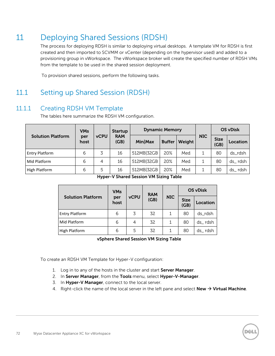 Deploying shared sessions (rdsh), Setting up shared session (rdsh), Creating rdsh vm template | 11 deploying shared sessions (rdsh), 1 setting up shared session (rdsh), 1 creating rdsh vm template | Dell XC Web-Scale Converged Appliance User Manual | Page 72 / 81