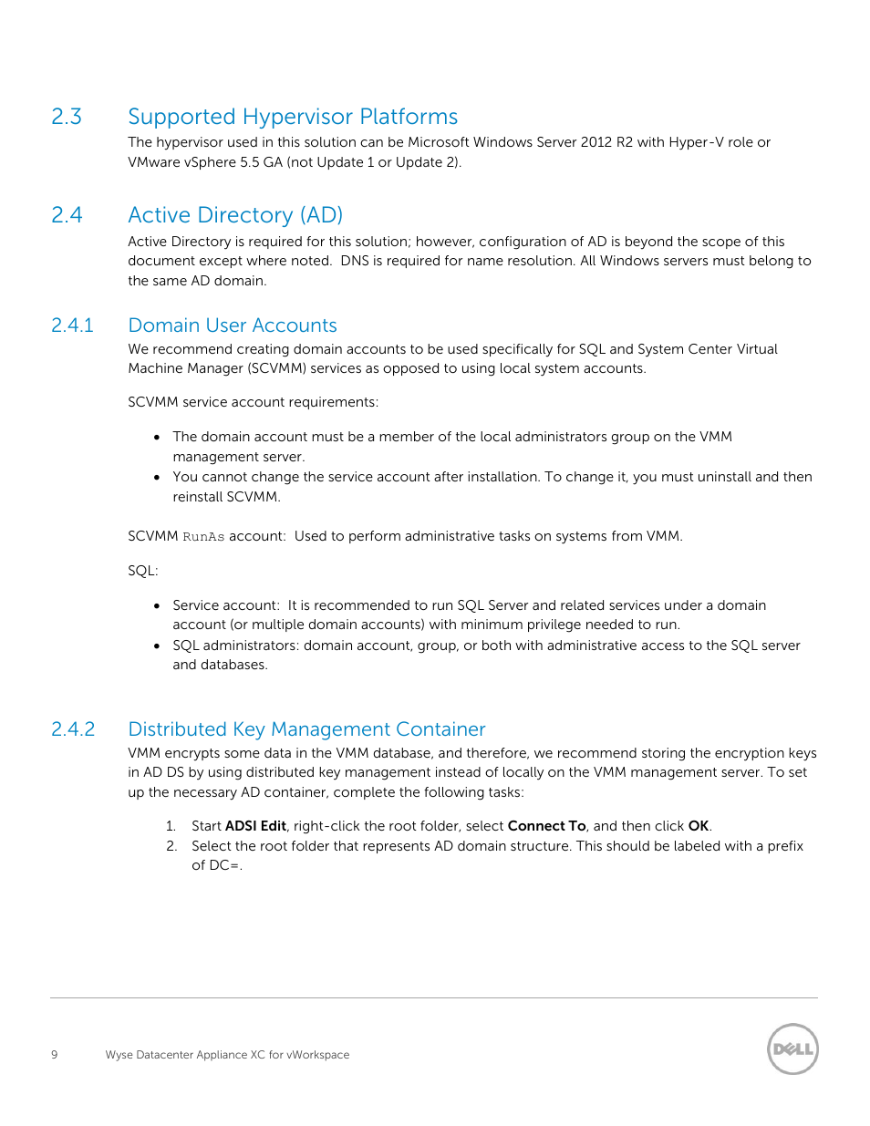 Supported hypervisor platforms, Active directory (ad), Domain user accounts | Distributed key management container, 3 supported hypervisor platforms, 4 active directory (ad), 1 domain user accounts, 2 distributed key management container | Dell XC Web-Scale Converged Appliance User Manual | Page 9 / 81