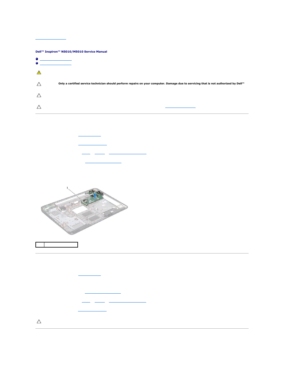 I/o board, Removing the i/o board, Replacing the i/o board | Dell Inspiron M501R (Early 2010) User Manual | Page 26 / 51