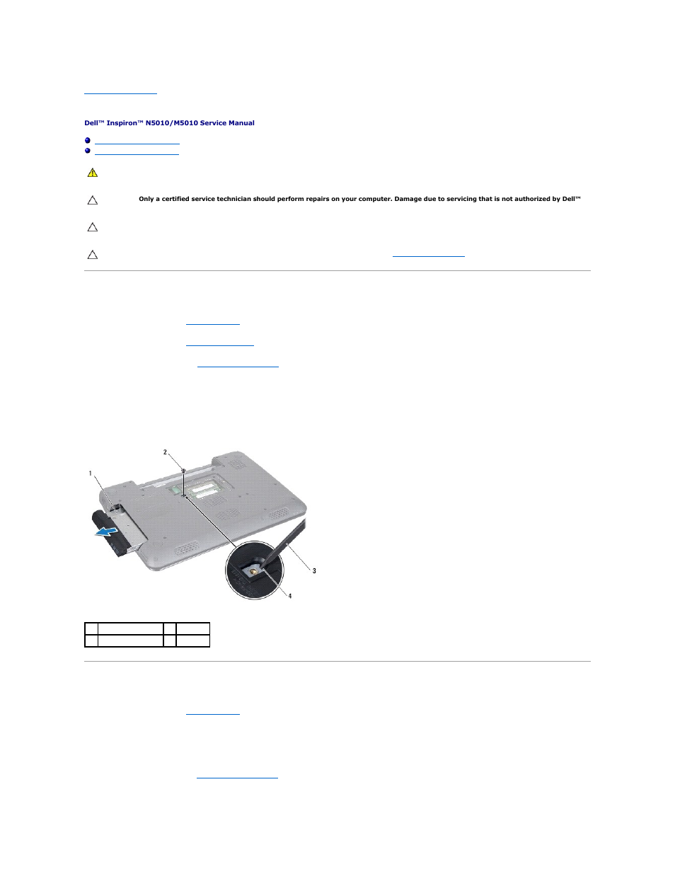 Optical drive, Removing the optical drive, Replacing the optical drive | Dell Inspiron M501R (Early 2010) User Manual | Page 38 / 51