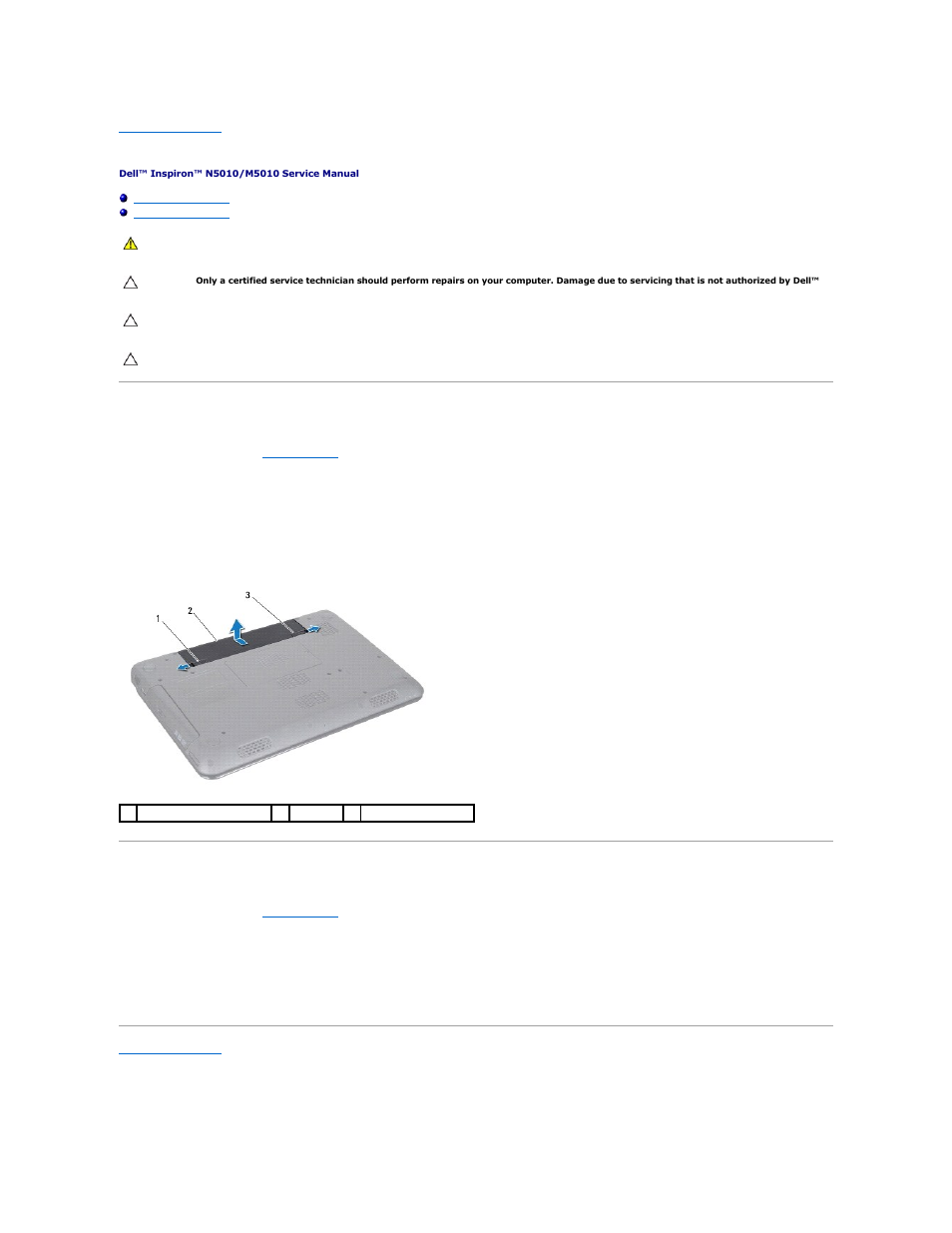 Battery, Removing the battery, Replacing the battery | Dell Inspiron M501R (Early 2010) User Manual | Page 43 / 51