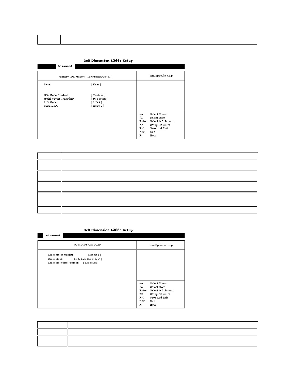 Displays the, Diskette configuration submenu, Primary ide master | Submenu, Primary ide master submenu, One described in | Dell Dimension L___cx User Manual | Page 38 / 46