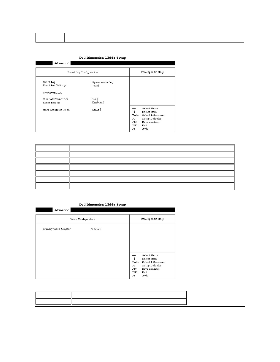 Security screen, Displays the, Event log configuration submenu | Video configuration submenu | Dell Dimension L___cx User Manual | Page 39 / 46