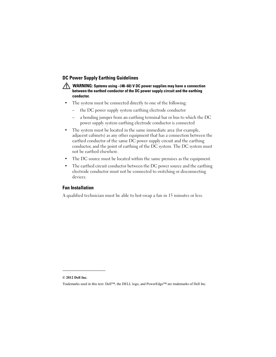 Dc power supply earthing guidelines, Fan installation | Dell POWEREDGE M1000E User Manual | Page 2 / 2