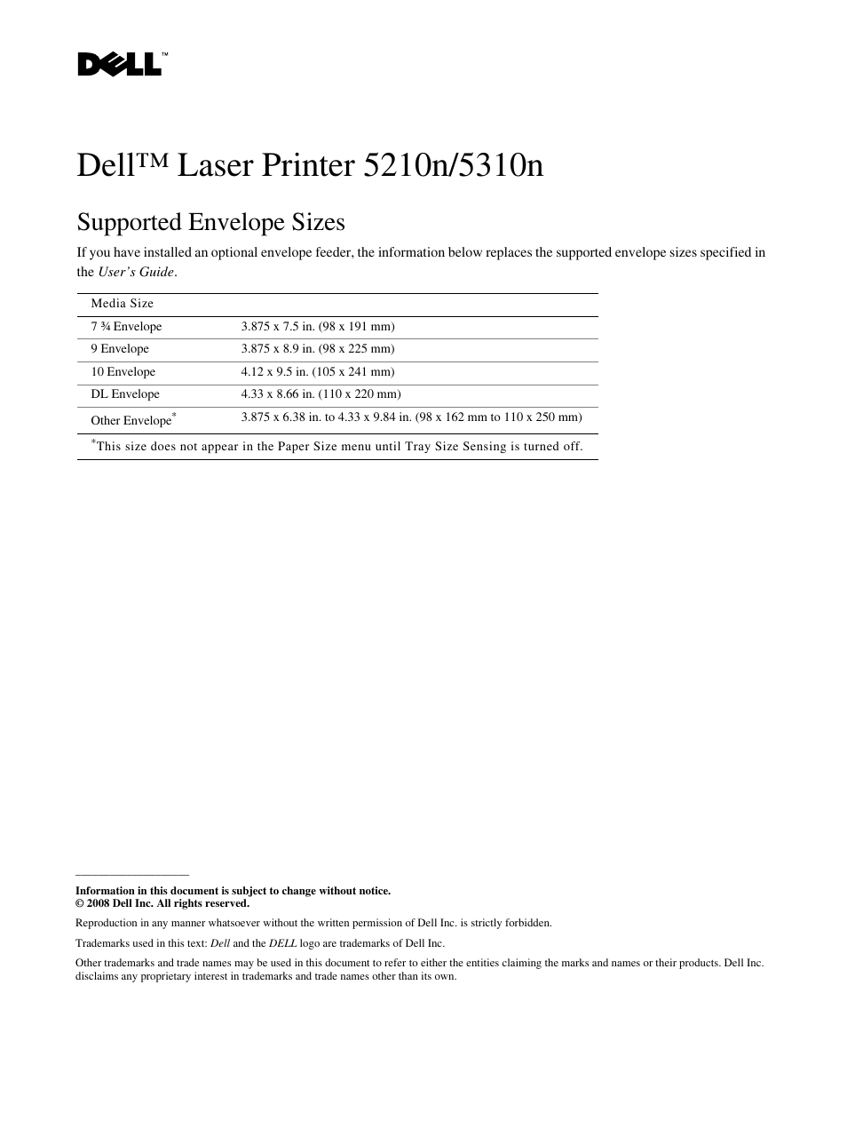 Dell 5310n Mono Laser Printer User Manual | 1 page