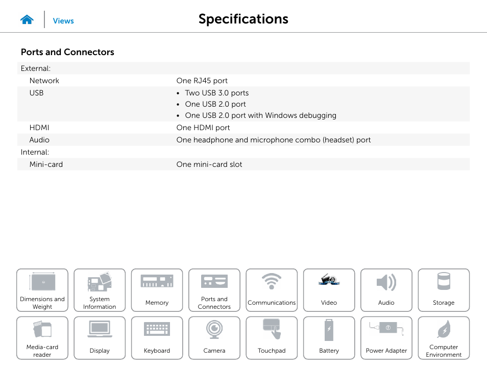 Ports and, Connectors, Specifications | Ports and connectors | Dell Inspiron 15R (5537, Mid 2013) User Manual | Page 10 / 22