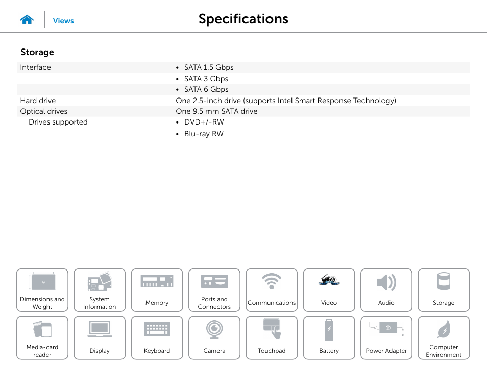 Storage, Specifications | Dell Inspiron 15R (5537, Mid 2013) User Manual | Page 14 / 22