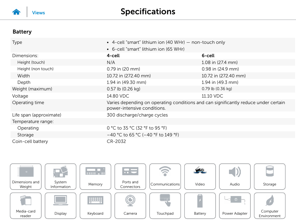 Battery, Specifications | Dell Inspiron 15R (5537, Mid 2013) User Manual | Page 20 / 22