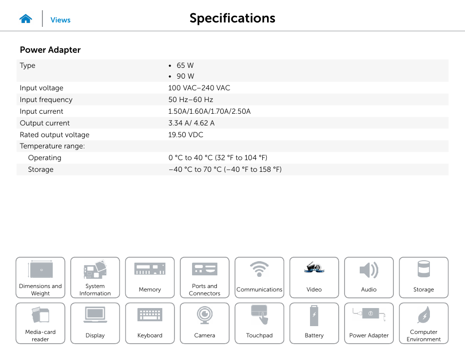 Power adapter, Specifications | Dell Inspiron 15R (5537, Mid 2013) User Manual | Page 21 / 22