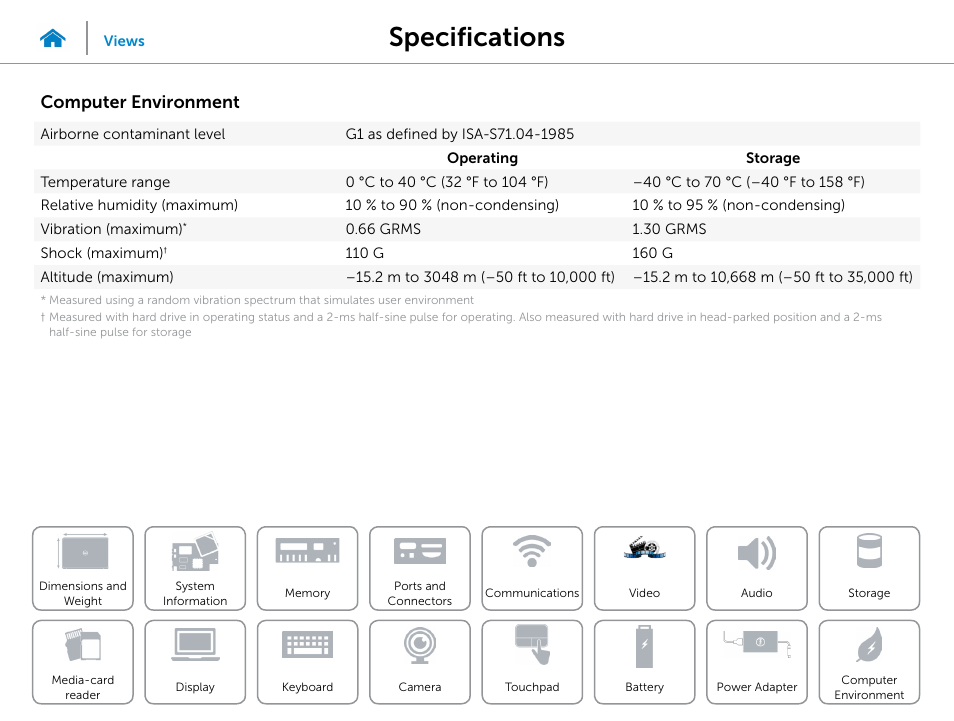 Computer, Environment, Specifications | Computer environment | Dell Inspiron 15R (5537, Mid 2013) User Manual | Page 22 / 22