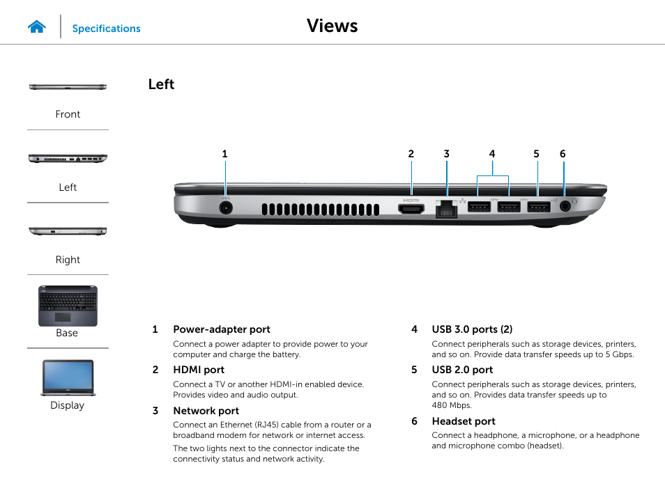 Left, Views | Dell Inspiron 15R (5537, Mid 2013) User Manual | Page 3 / 22