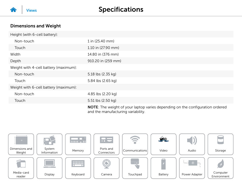 Specifications, Dimensions and weight | Dell Inspiron 15R (5537, Mid 2013) User Manual | Page 7 / 22