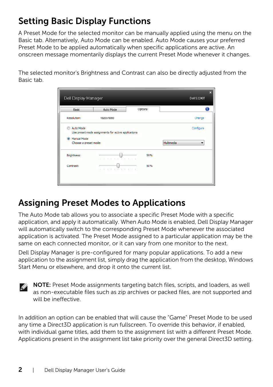 Setting basic display functions, Assigning preset modes to applications | Dell S2240T 21.5 Multi-Touch Monitor with LED User Manual | Page 2 / 3