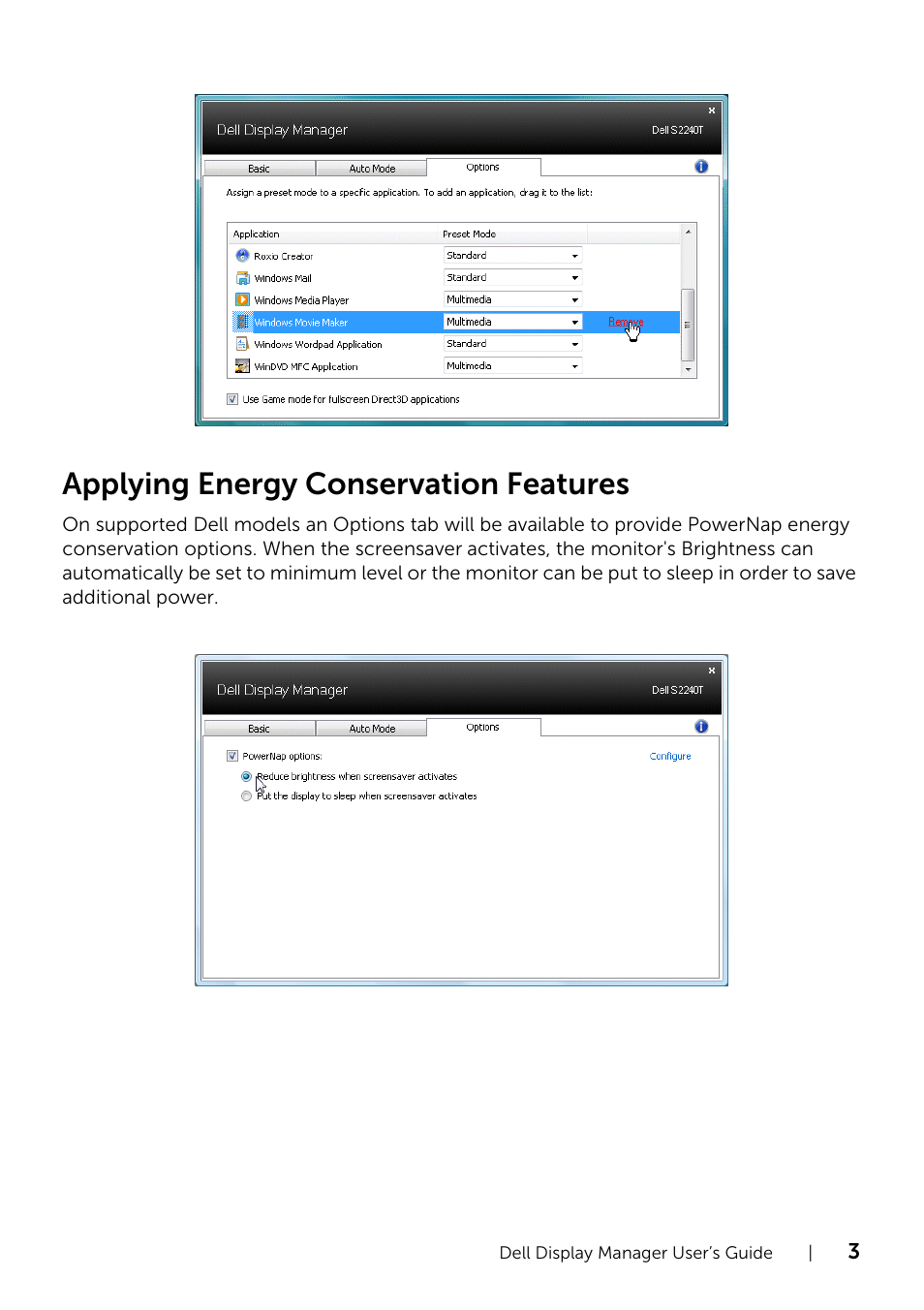 Applying energy conservation features | Dell S2240T 21.5 Multi-Touch Monitor with LED User Manual | Page 3 / 3