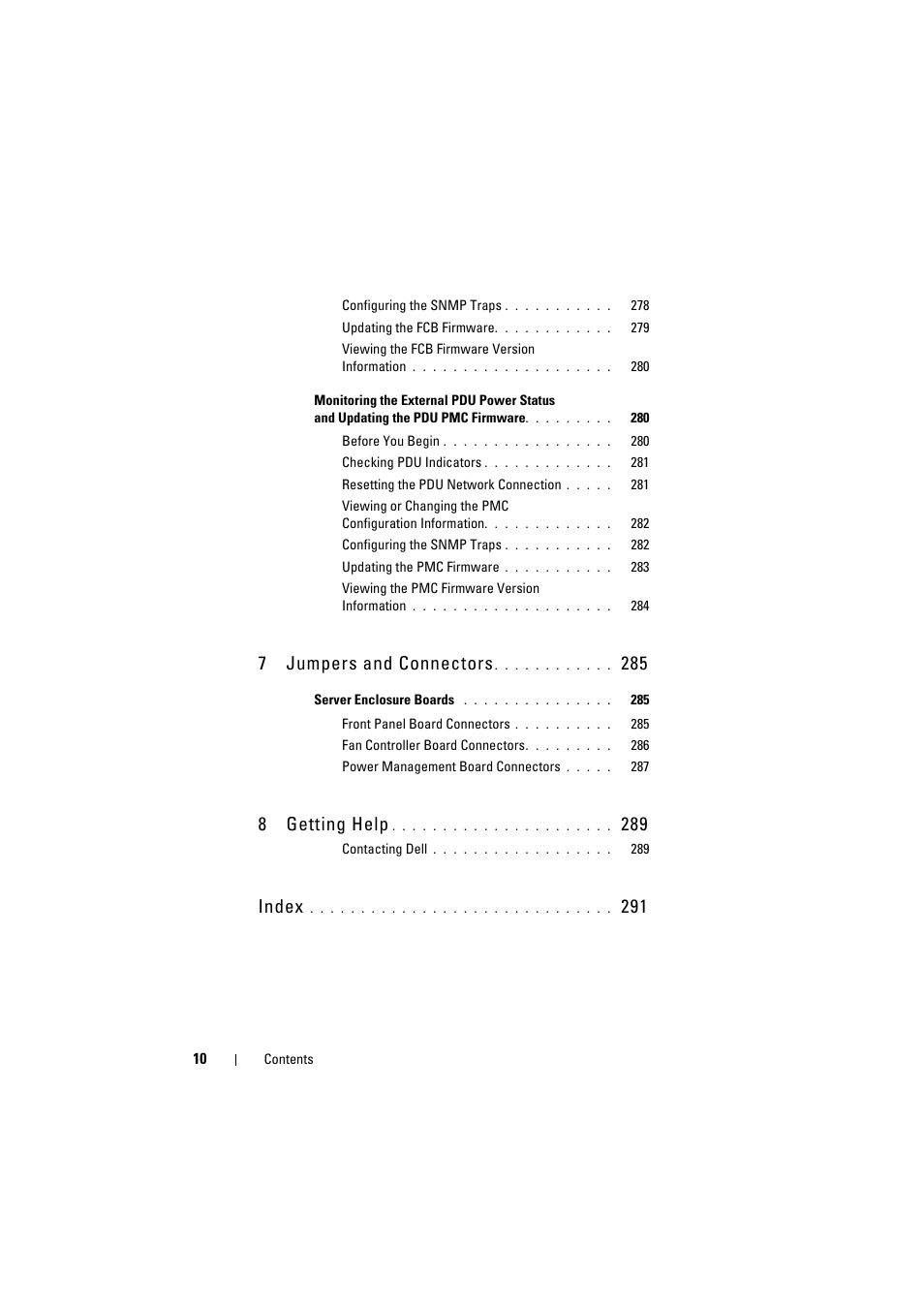 7 jumpers and connectors, 8 getting help, Index | Dell PowerEdge C8000 User Manual | Page 10 / 294