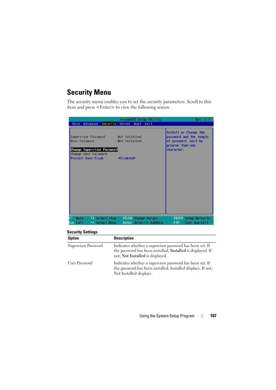 Security menu | Dell PowerEdge C8000 User Manual | Page 107 / 294