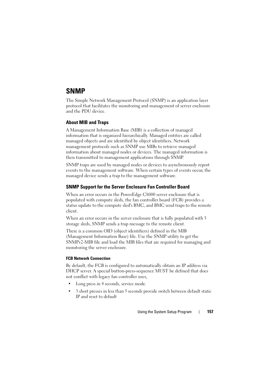 Snmp, About mib and traps, Snmp support for the server enclosure | Fan controller board | Dell PowerEdge C8000 User Manual | Page 157 / 294