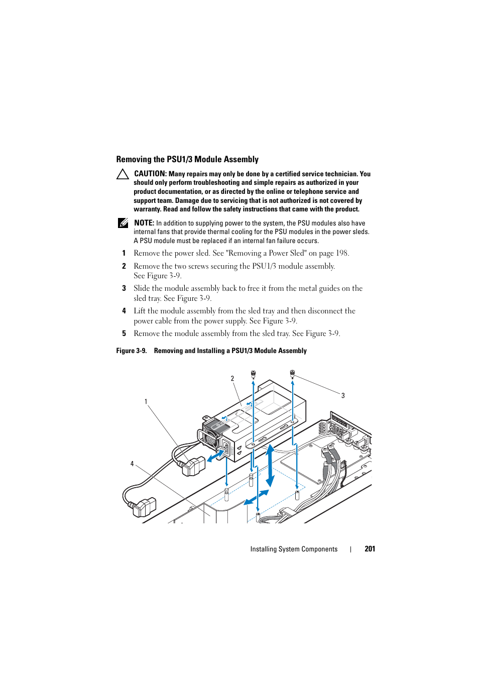 Removing the psu1/3 module assembly | Dell PowerEdge C8000 User Manual | Page 201 / 294